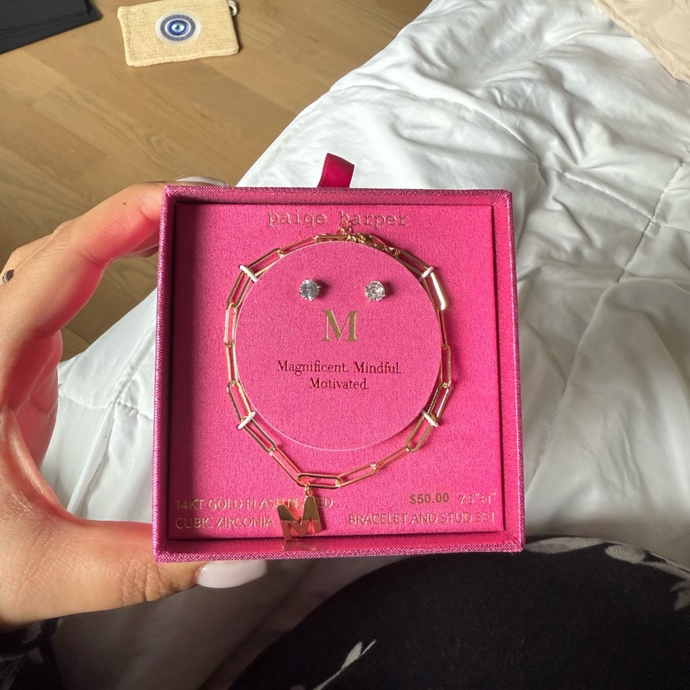 Gold Initial 'M' Bracelet and Stud Earrings